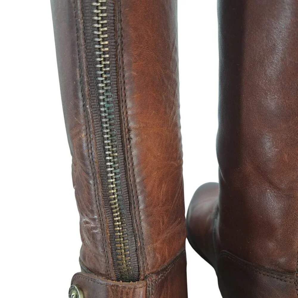 Frye Melissa Knee High Leather Brown Riding Boots Size 6.5 Distressed Snap Zip